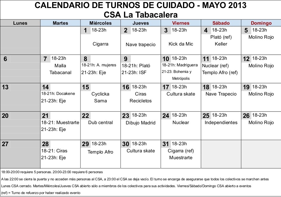 CSA LA TABACALERA | Calendario Turnos Mayo TBC